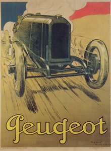 Póster publicitario de un coche de carreras Peugeot, c.1918